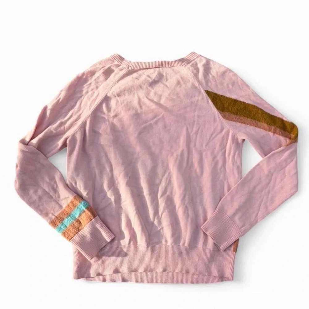 Moth Pink Crewneck Sweater with Brown Diagonal Stripes and Blue Cuff Accent